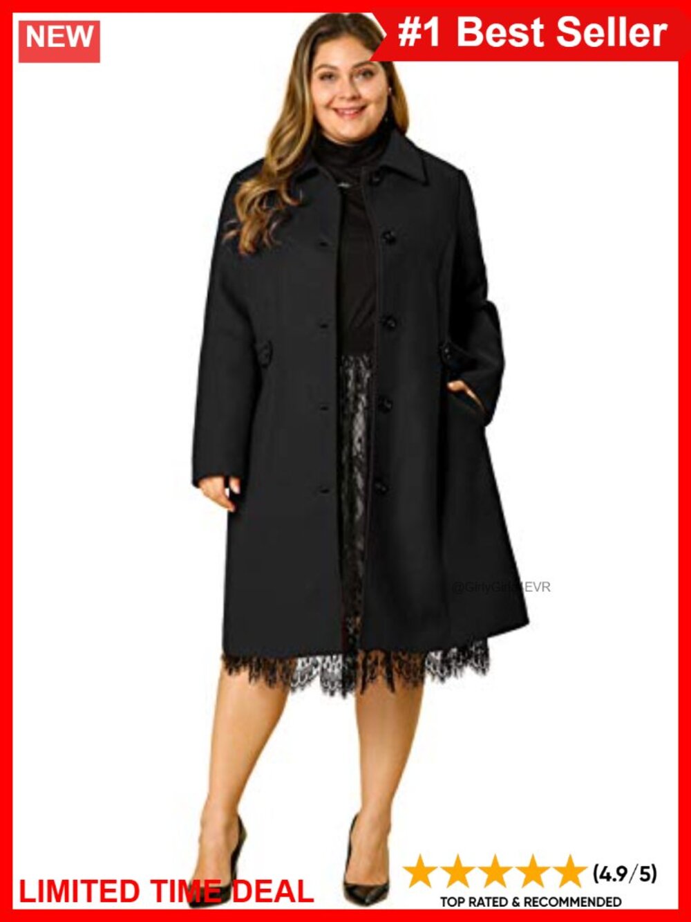 Plus Size Single Breasted Belted Longline Winter Pea Coat